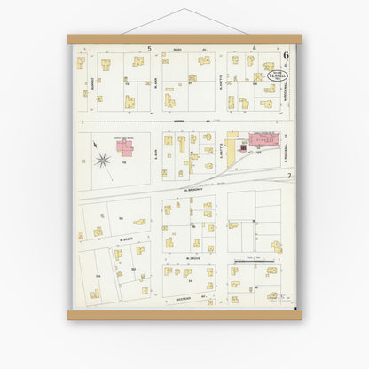 Old map wall art mockup — magnetic wood frame on white wall — Sanborn Fire Insurance Map from Terrell, Kaufman County, Texas (1902), Sheet #0006