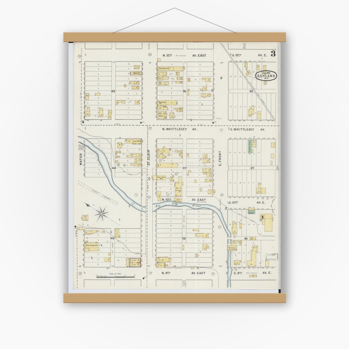 Old map wall art mockup — magnetic wood frame on white wall — Sanborn Fire Insurance Map from Ashland, Ashland County, Wisconsin (1895), Sheet #0003