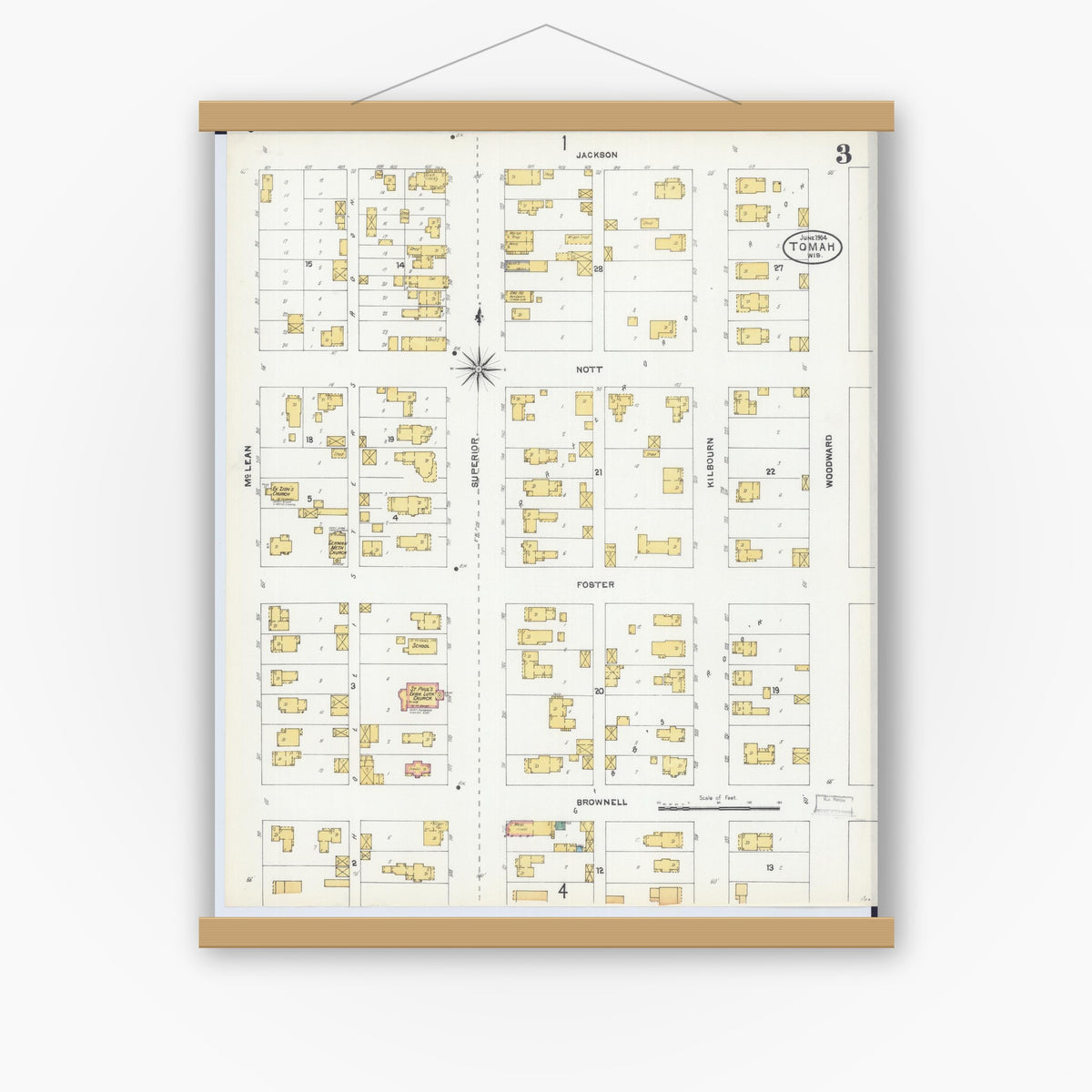 Old map wall art mockup — magnetic wood frame on white wall — Sanborn Fire Insurance Map from Tomah, Monroe County, Wisconsin (1904), Sheet #0003