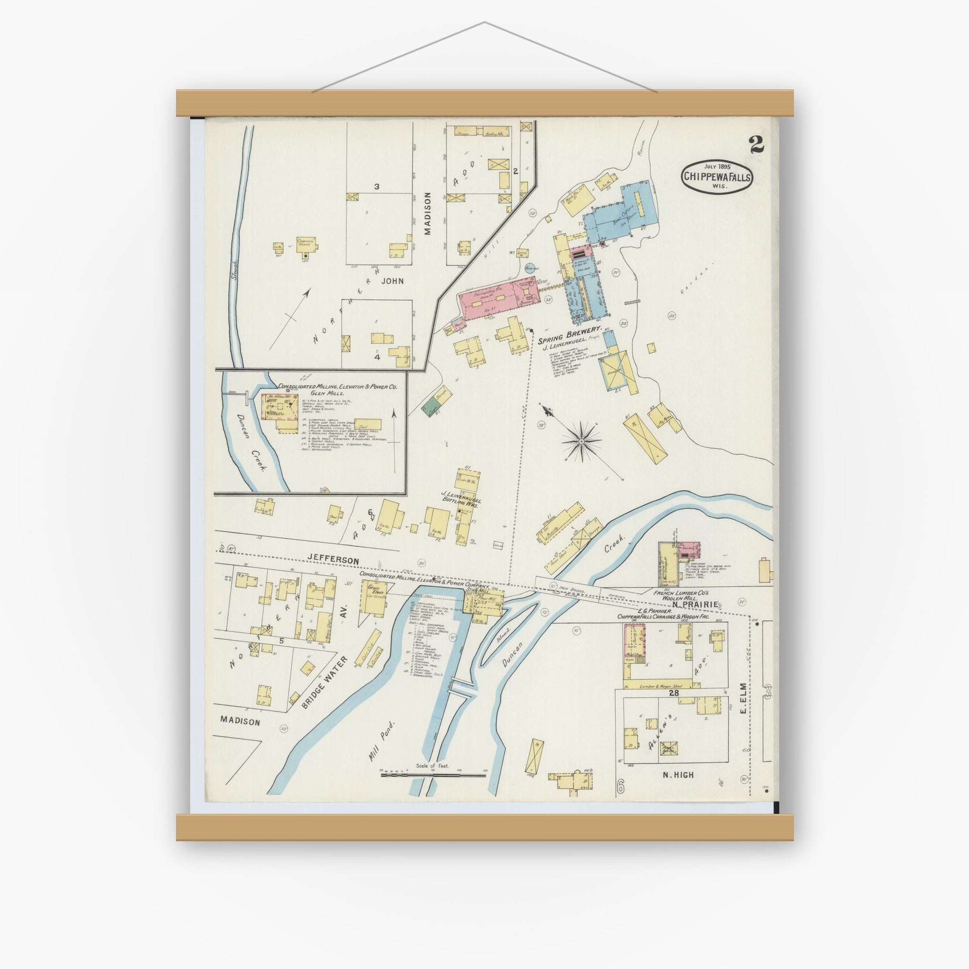 Old map wall art mockup — magnetic wood frame on white wall — Sanborn Fire Insurance Map from Chippewa Falls, Chippewa County, Wisconsin (1895), Sheet #0002