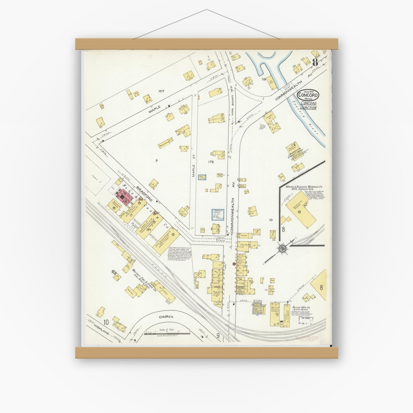 Old map wall art mockup — magnetic wood frame on white wall — Sanborn Fire Insurance Map from Concord, Middlesex County, Massachusetts (1918), Sheet #0008