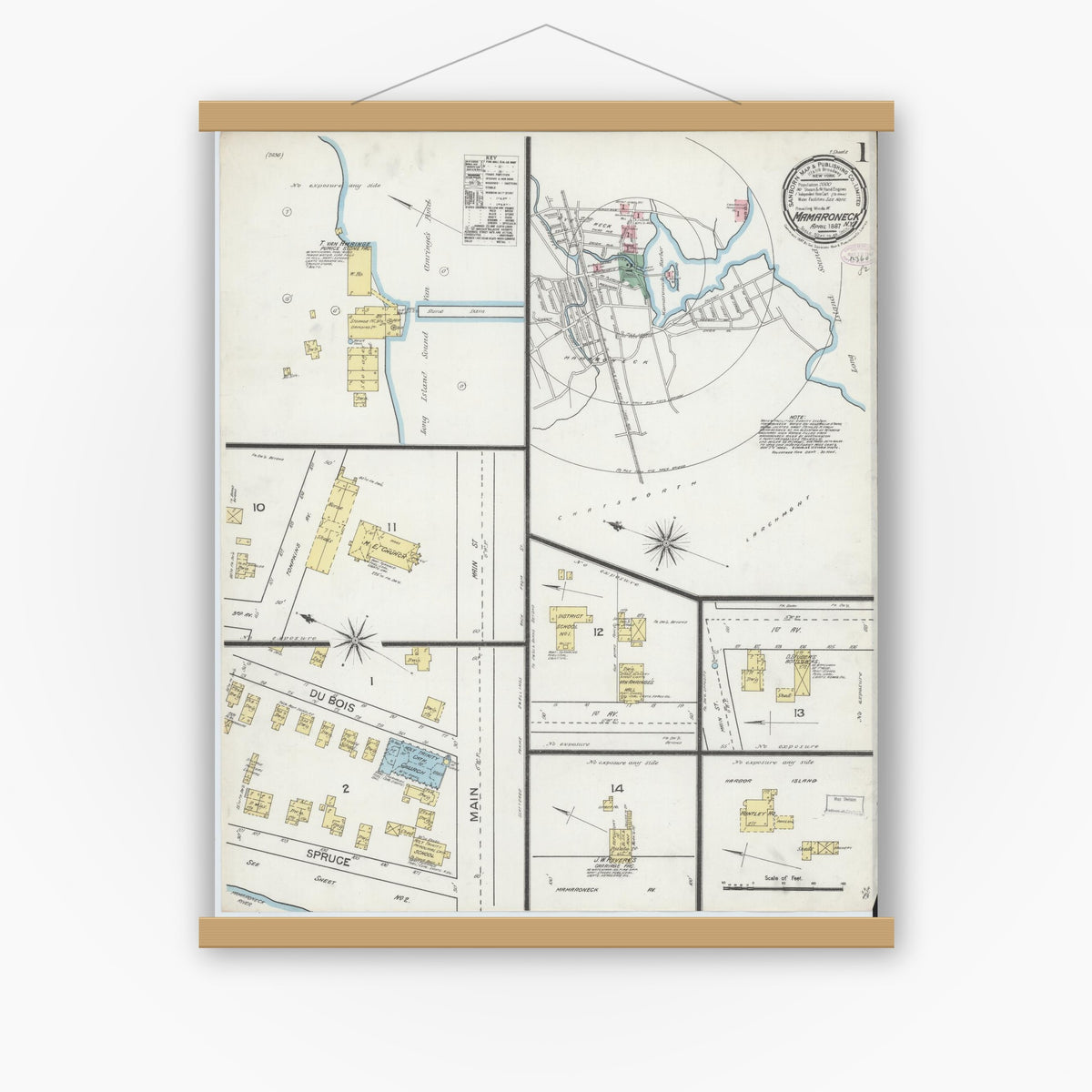 Old map wall art mockup — magnetic wood frame on white wall — Sanborn Fire Insurance Map from Mamaroneck, Westchester County, New York (1887) - Complete Map Set