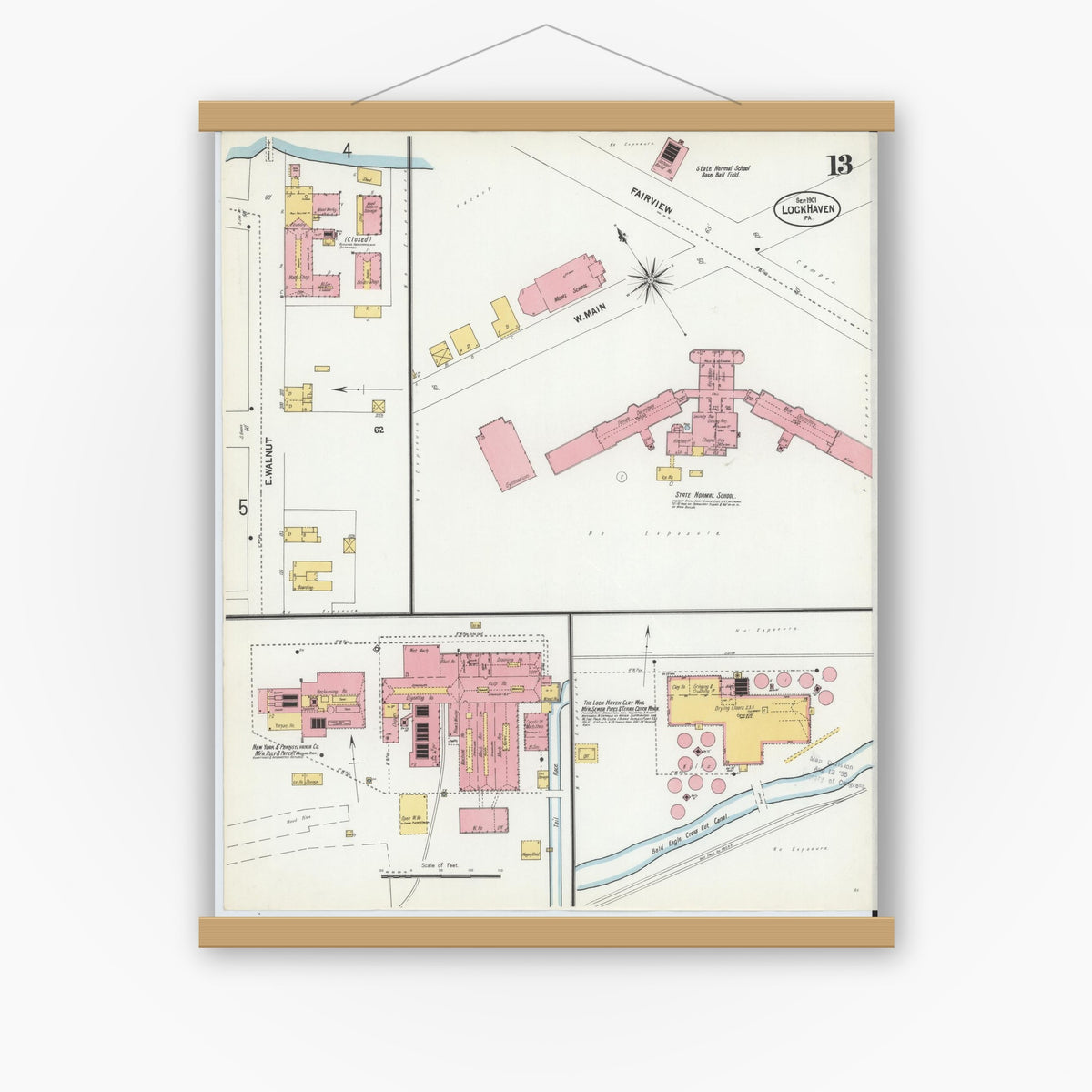 Old map wall art mockup — magnetic wood frame on white wall — Sanborn Fire Insurance Map from Lock Haven, Clinton County, Pennsylvania (1901), Sheet #0013
