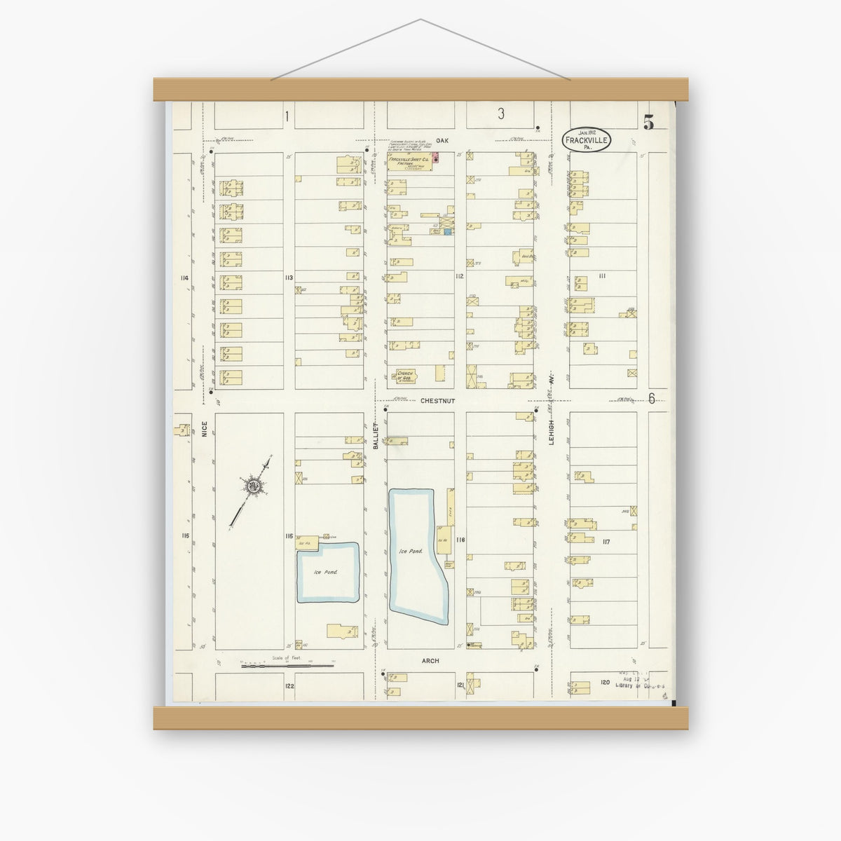 Old map wall art mockup — magnetic wood frame on white wall — Sanborn Fire Insurance Map from Frackville, Schuylkill County, Pennsylvania (1912), Sheet #0005