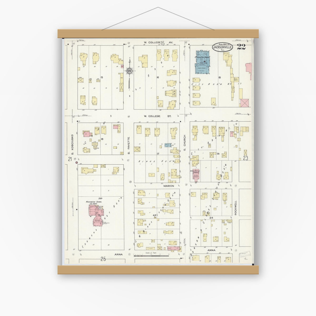 Old map wall art mockup — magnetic wood frame on white wall — Sanborn Fire Insurance Map from Jacksonville, Morgan County, Illinois (1914), Sheet #0022