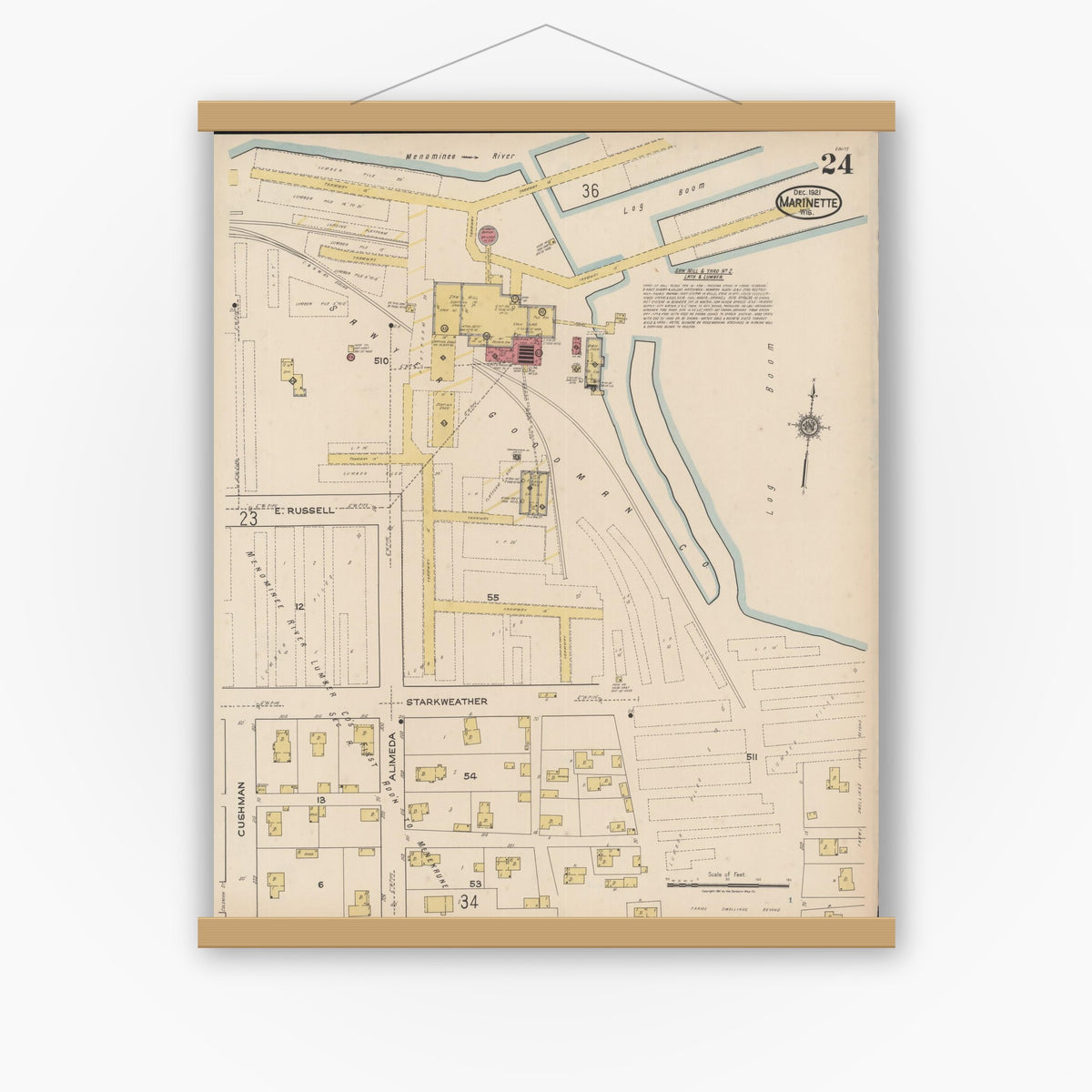 Old map wall art mockup — magnetic wood frame on white wall — Sanborn Fire Insurance Map from Marinette, Marinette County, Wisconsin (1921), Sheet #0024