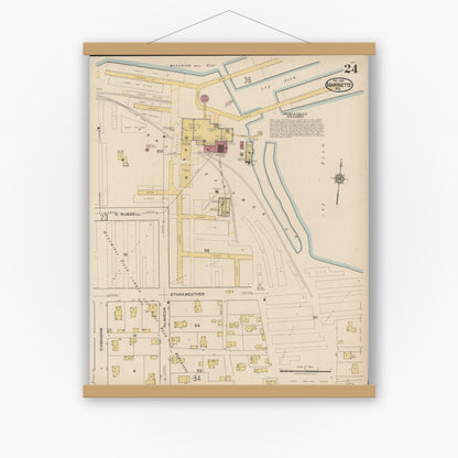Old map wall art mockup — magnetic wood frame on white wall — Sanborn Fire Insurance Map from Marinette, Marinette County, Wisconsin (1921), Sheet #0024