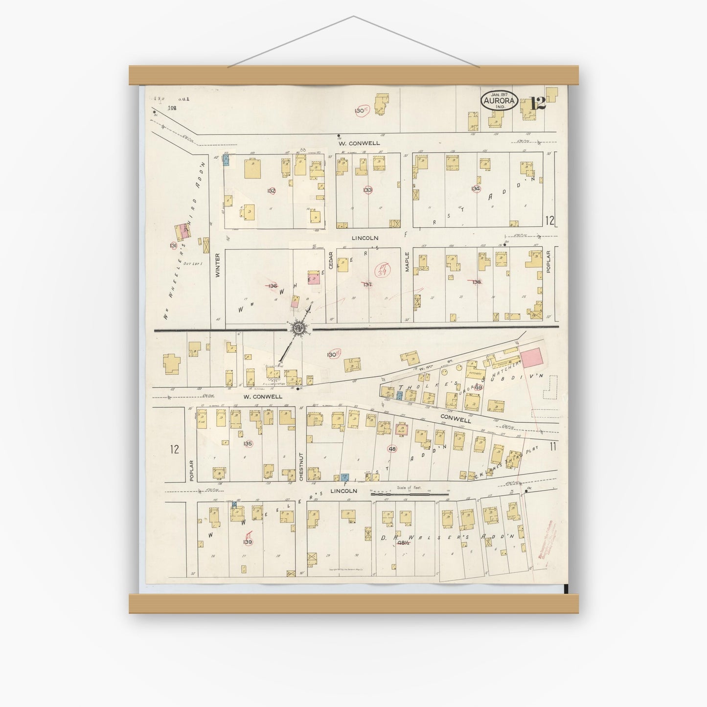 Old map wall art mockup — magnetic wood frame on white wall — Sanborn Fire Insurance Map from Aurora, Dearborn County, Indiana (1935), Sheet #0012