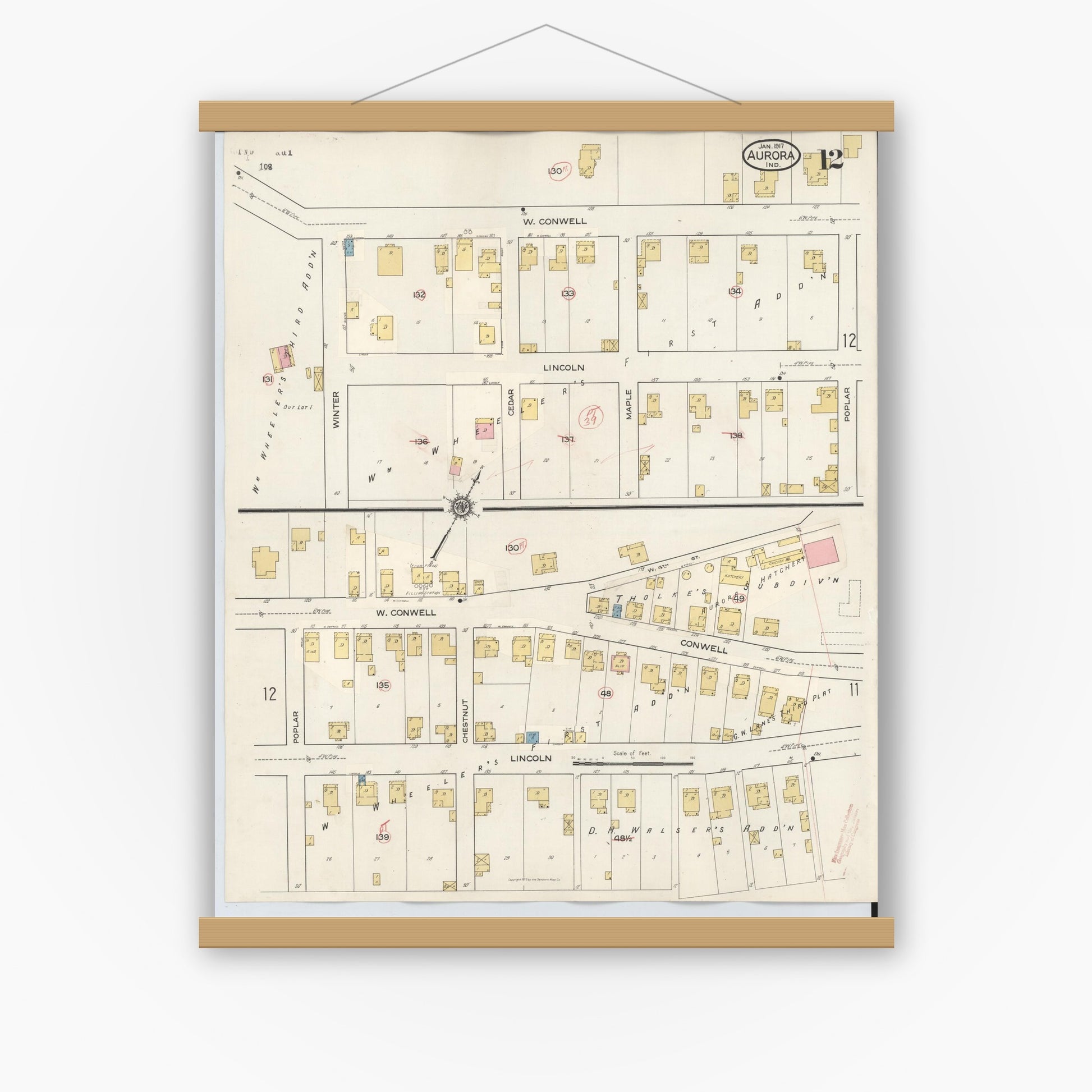 Old map wall art mockup — magnetic wood frame on white wall — Sanborn Fire Insurance Map from Aurora, Dearborn County, Indiana (1935), Sheet #0012