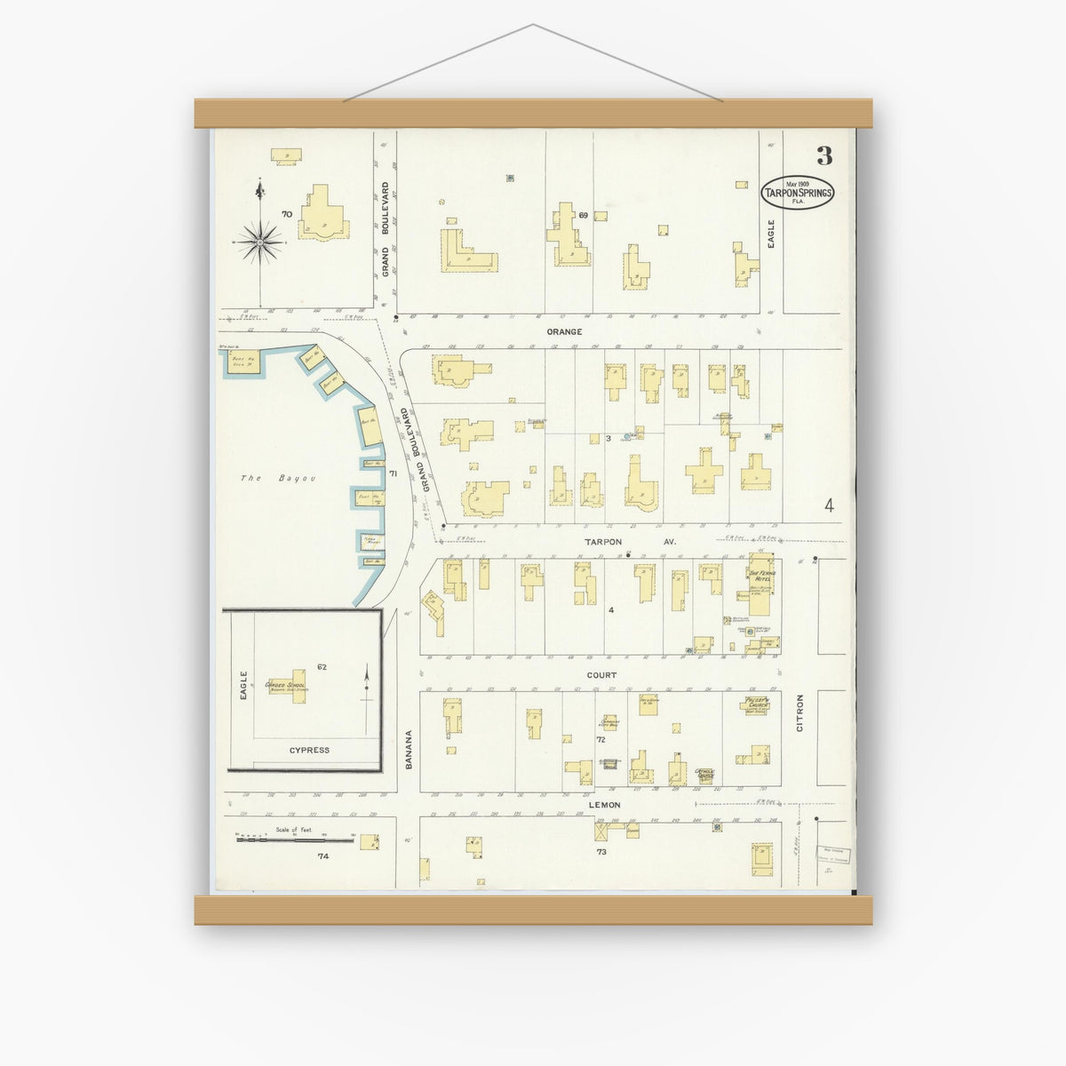 Old map wall art mockup — magnetic wood frame on white wall — Sanborn Fire Insurance Map from Tarpon Springs, Pinellas County, Florida (1909), Sheet #0003