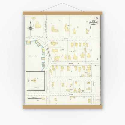 Old map wall art mockup — magnetic wood frame on white wall — Sanborn Fire Insurance Map from Tarpon Springs, Pinellas County, Florida (1909), Sheet #0003