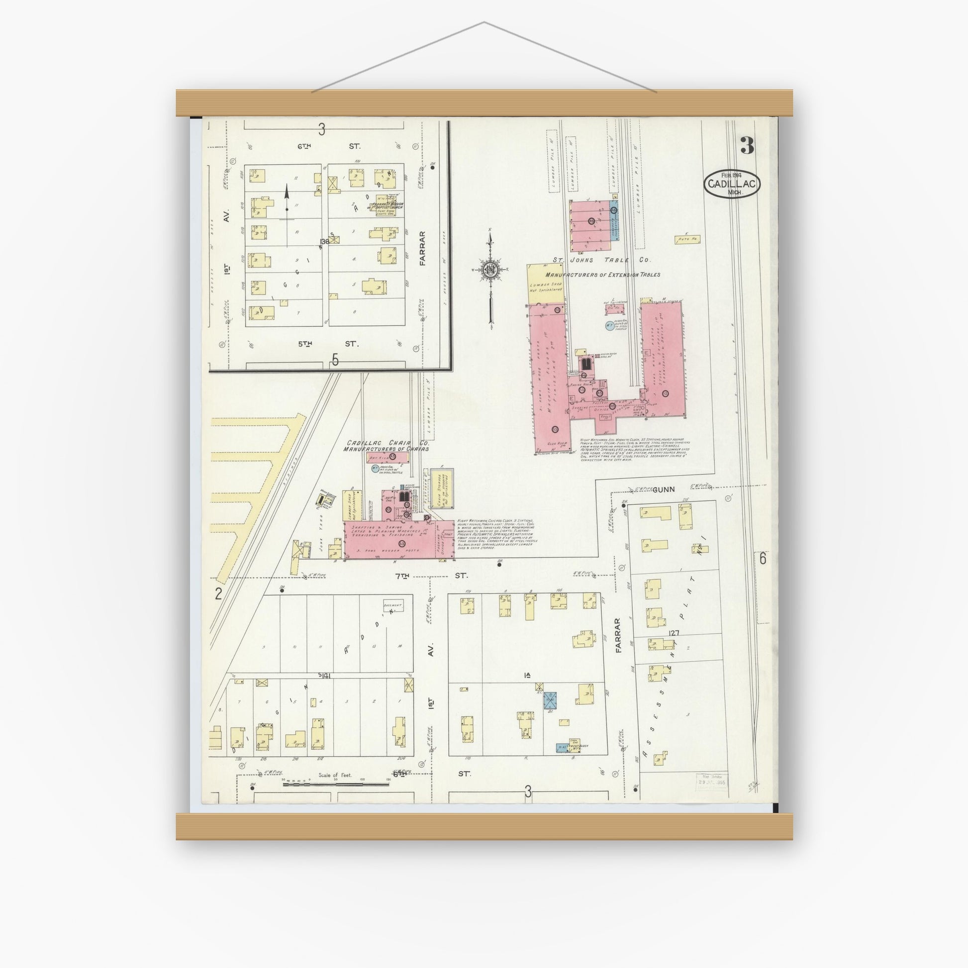Old map wall art mockup — magnetic wood frame on white wall — Sanborn Fire Insurance Map from Cadillac, Wexford County, Michigan (1914), Sheet #0003