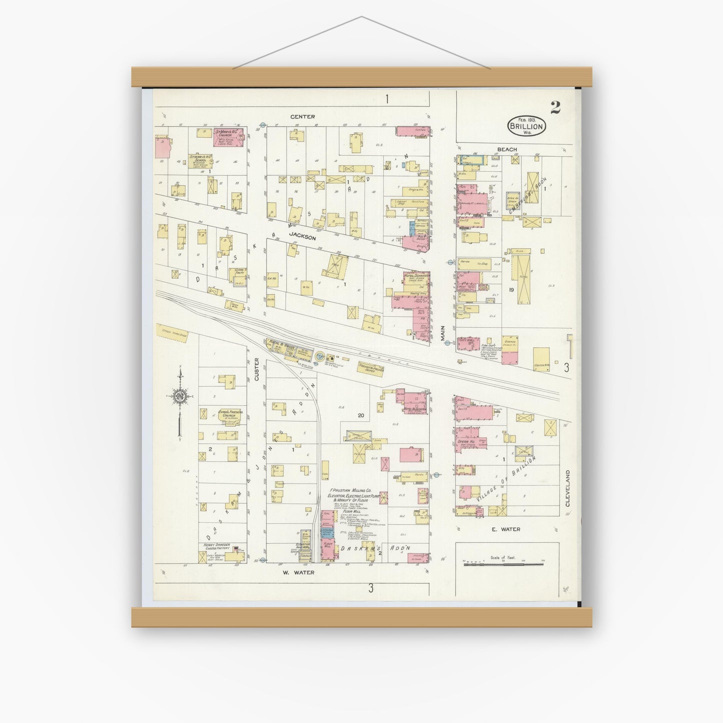 Old map wall art mockup — magnetic wood frame on white wall — Sanborn Fire Insurance Map from Brillion, Calumet County, Wisconsin (1913), Sheet #0002