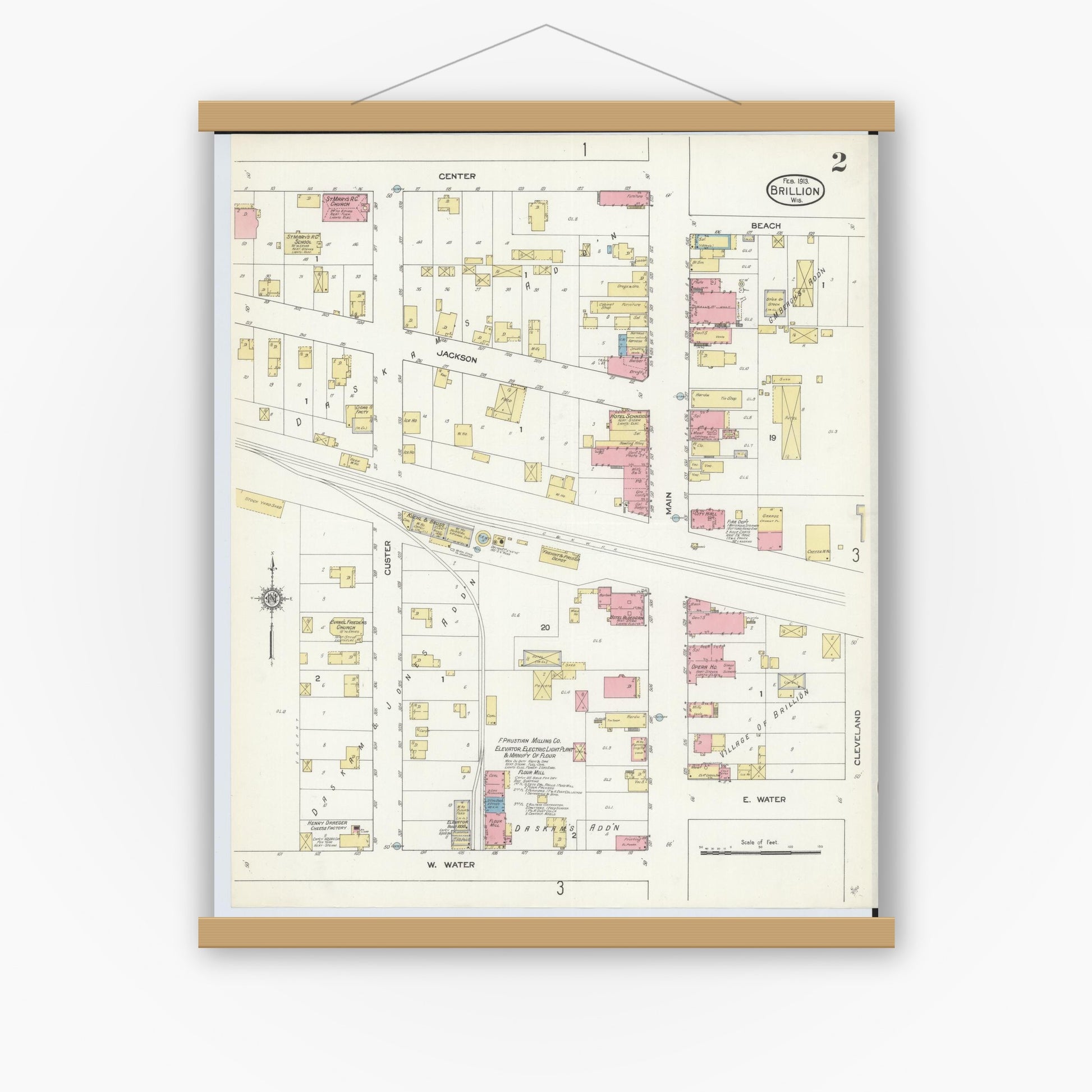 Old map wall art mockup — magnetic wood frame on white wall — Sanborn Fire Insurance Map from Brillion, Calumet County, Wisconsin (1913), Sheet #0002