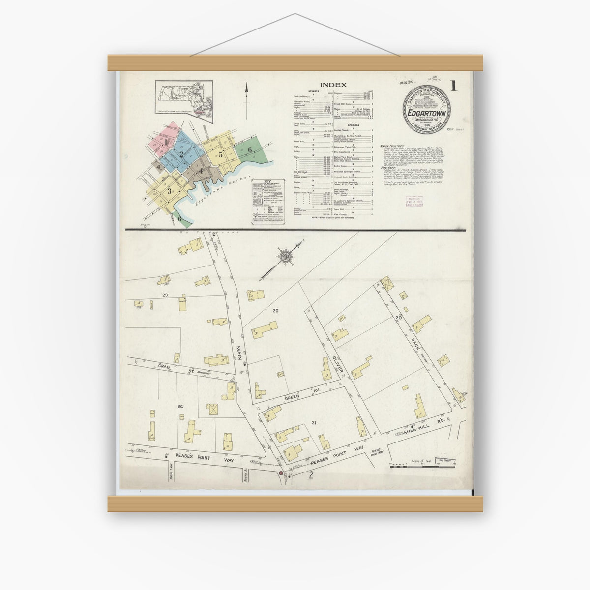 Old map wall art mockup — magnetic wood frame on white wall — Sanborn Fire Insurance Map from Edgartown, Dukes County, Massachusetts (1914) - Complete Map Set