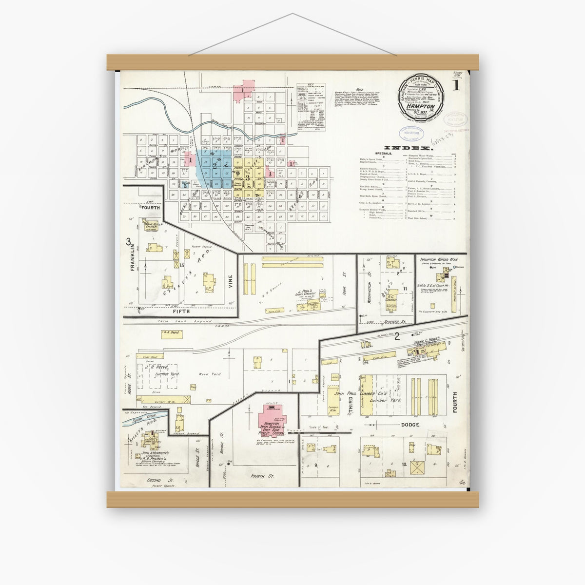 Old map wall art mockup — magnetic wood frame on white wall — Sanborn Fire Insurance Map from Hampton, Franklin County, Iowa (1897) â€” Complete Set