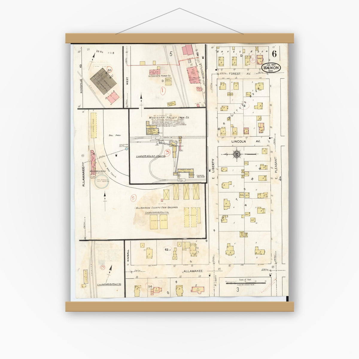 Old map wall art mockup — magnetic wood frame on white wall — Sanborn Fire Insurance Map from Waukon, Allamakee County, Iowa (1934), Sheet #0006