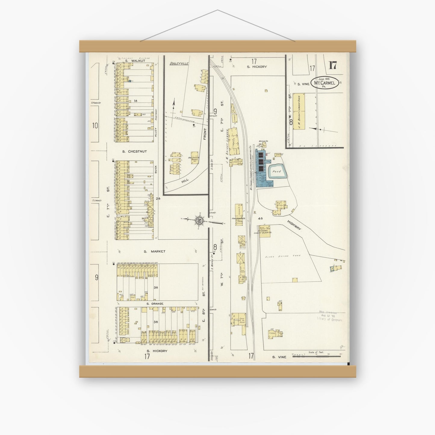 Old map wall art mockup — magnetic wood frame on white wall — Sanborn Fire Insurance Map from Mount Carmel, Northumberland County, Pennsylvania (1913), Sheet #0017