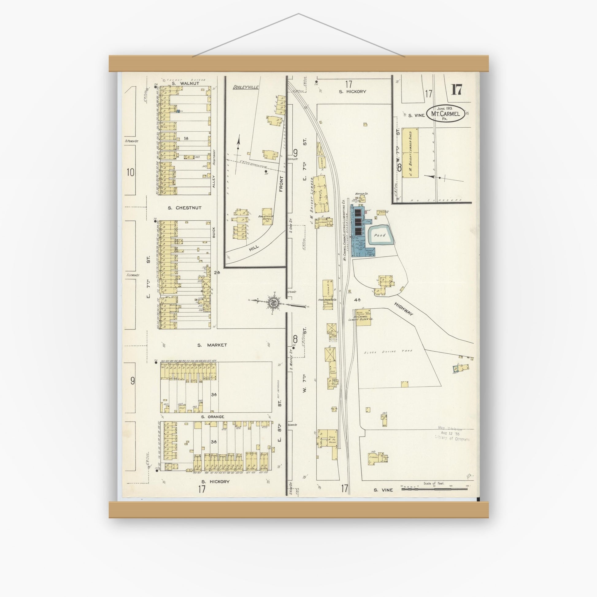 Old map wall art mockup — magnetic wood frame on white wall — Sanborn Fire Insurance Map from Mount Carmel, Northumberland County, Pennsylvania (1913), Sheet #0017