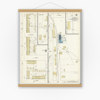 Old map wall art mockup — magnetic wood frame on white wall — Sanborn Fire Insurance Map from Mount Carmel, Northumberland County, Pennsylvania (1913), Sheet #0017