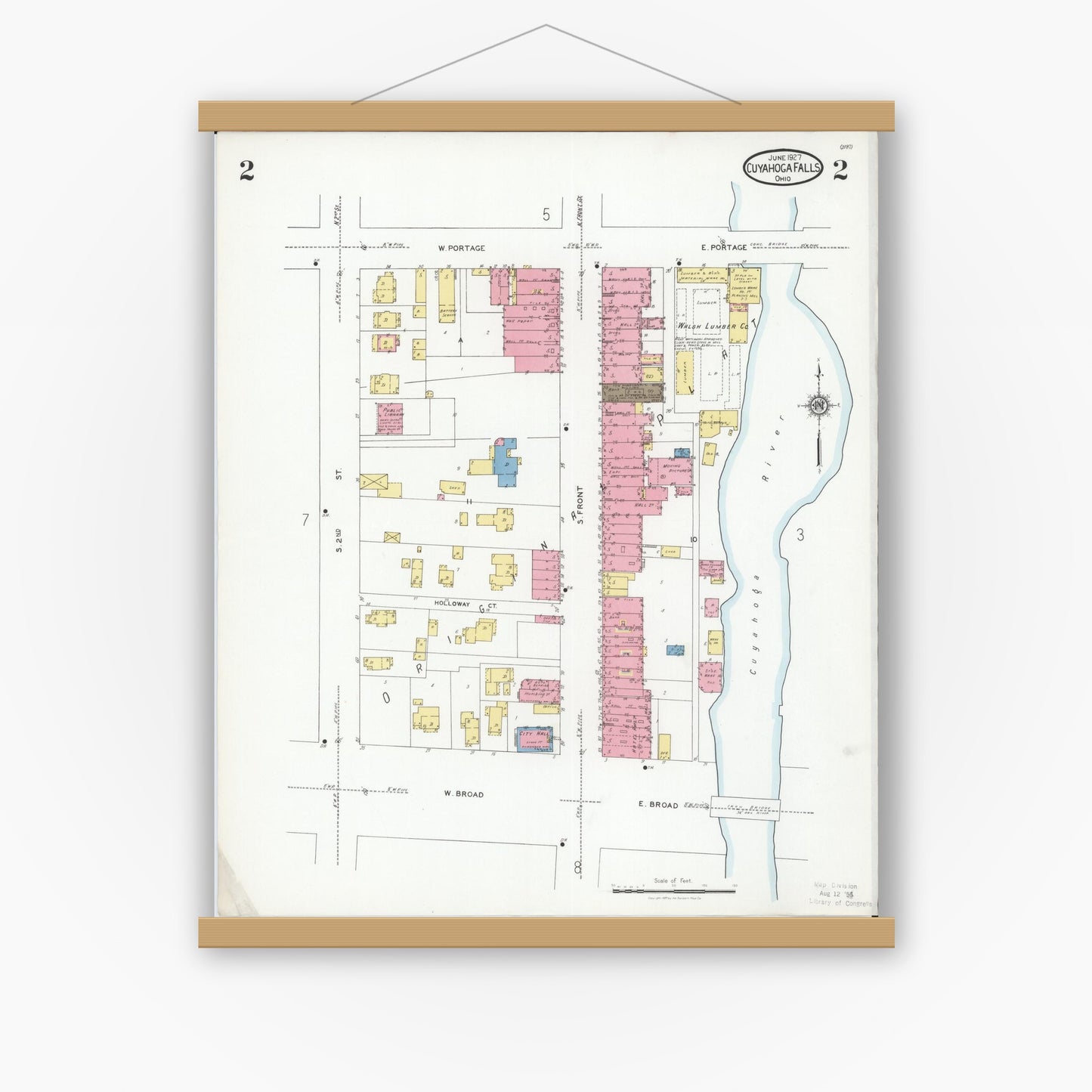 Old map wall art mockup — magnetic wood frame on white wall — Sanborn Fire Insurance Map from Cuyahoga Falls, Summit County, Ohio (1927), Sheet #0002