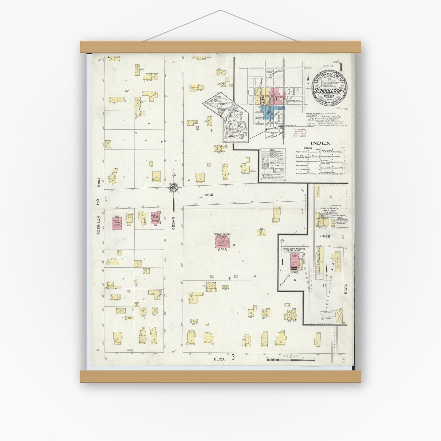 Old map wall art mockup — magnetic wood frame on white wall — Sanborn Fire Insurance Map from Schoolcraft, Kalamazoo County, Michigan (1914) - Complete Map Set