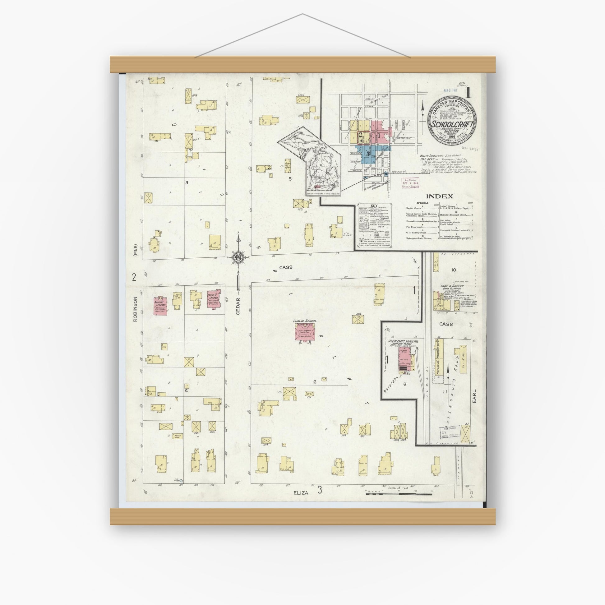 Old map wall art mockup — magnetic wood frame on white wall — Sanborn Fire Insurance Map from Schoolcraft, Kalamazoo County, Michigan (1914) - Complete Map Set