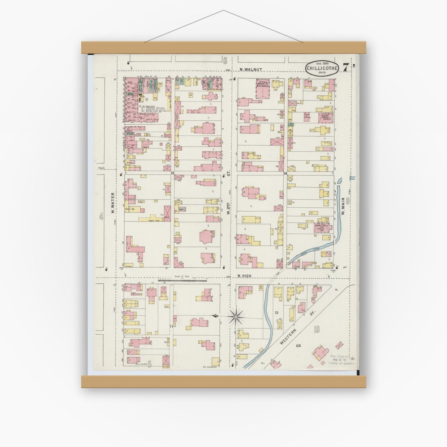 Old map wall art mockup — magnetic wood frame on white wall — Sanborn Fire Insurance Map from Chillicothe, Ross County, Ohio (1895), Sheet #0007
