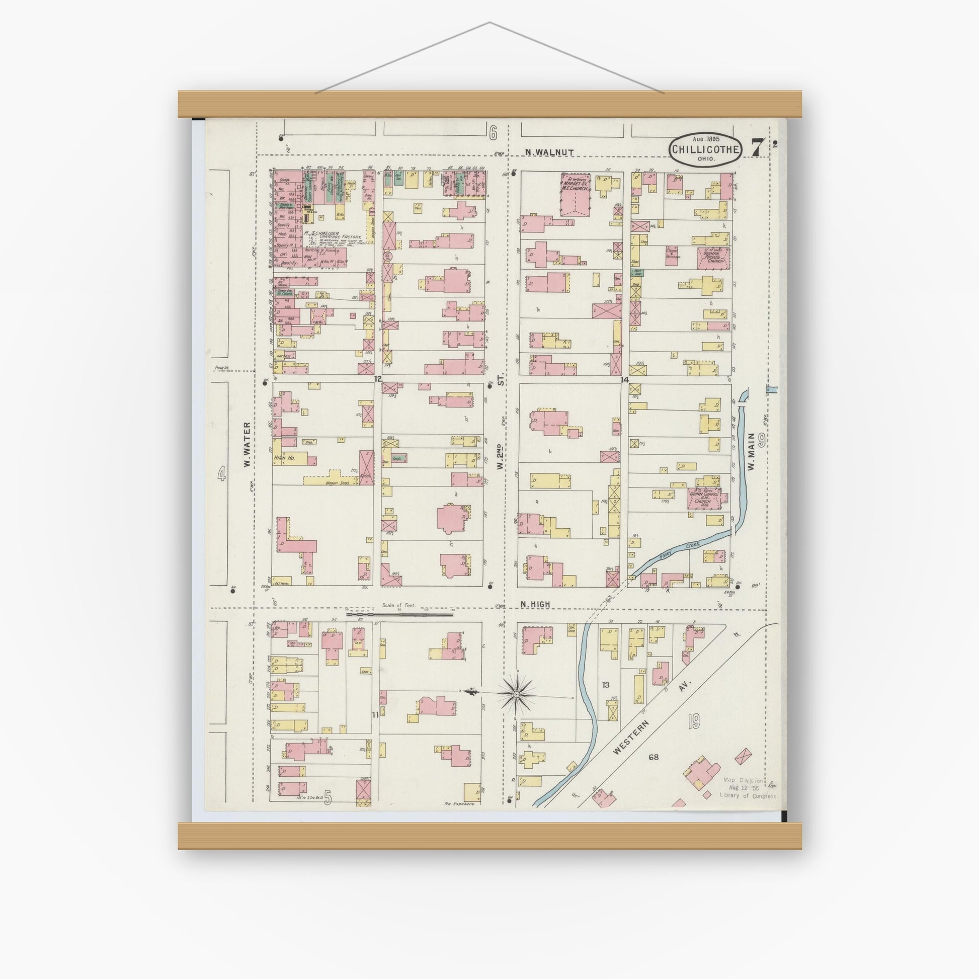 Old map wall art mockup — magnetic wood frame on white wall — Sanborn Fire Insurance Map from Chillicothe, Ross County, Ohio (1895), Sheet #0007
