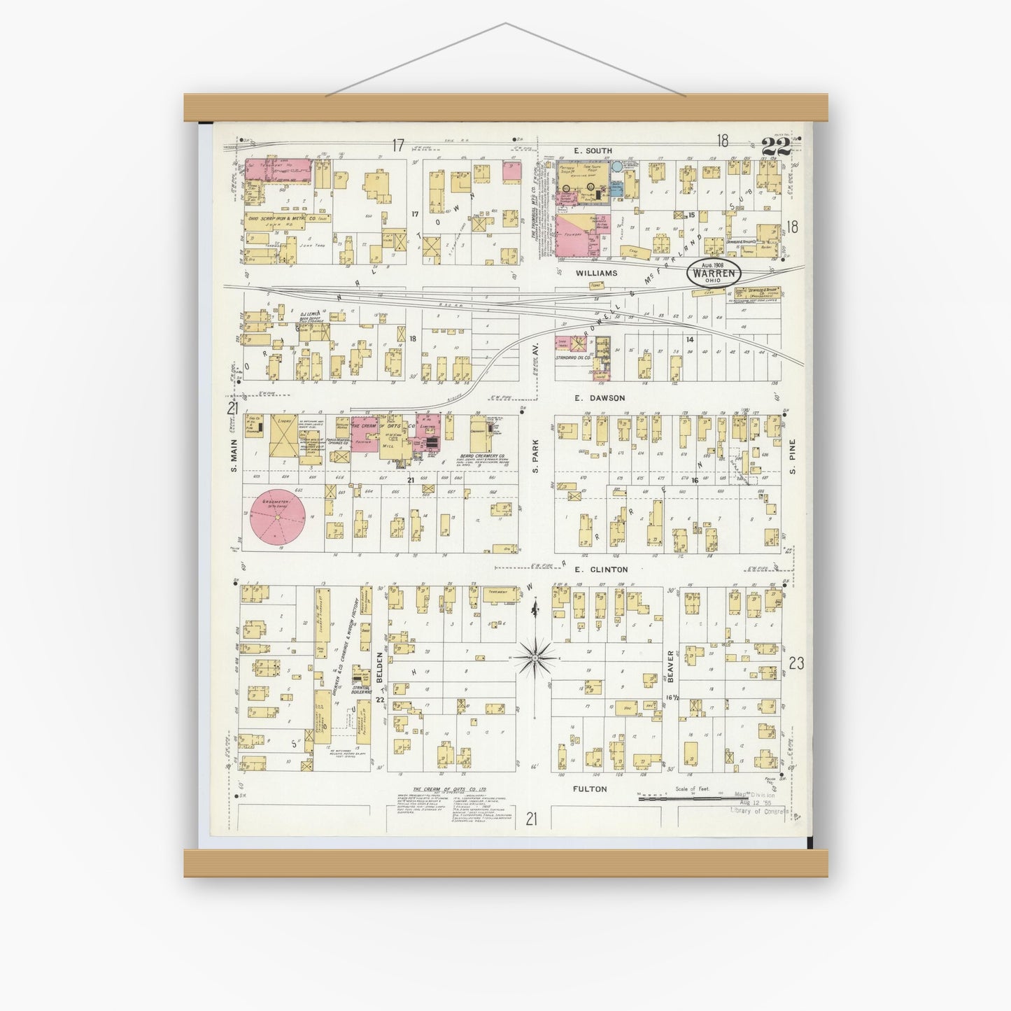 Old map wall art mockup — magnetic wood frame on white wall — Sanborn Fire Insurance Map from Warren, Trumbull County, Ohio (1908), Sheet #0022