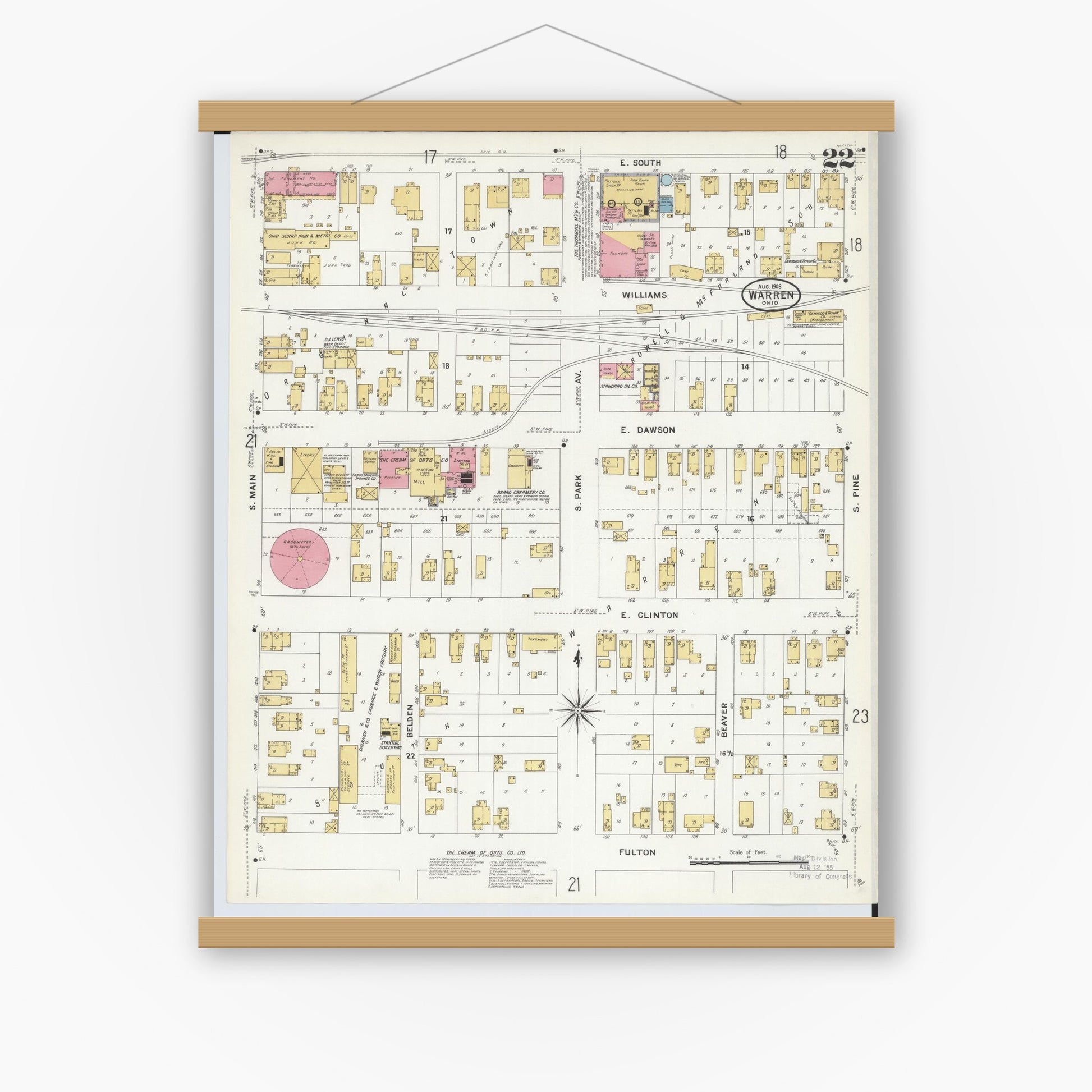 Old map wall art mockup — magnetic wood frame on white wall — Sanborn Fire Insurance Map from Warren, Trumbull County, Ohio (1908), Sheet #0022