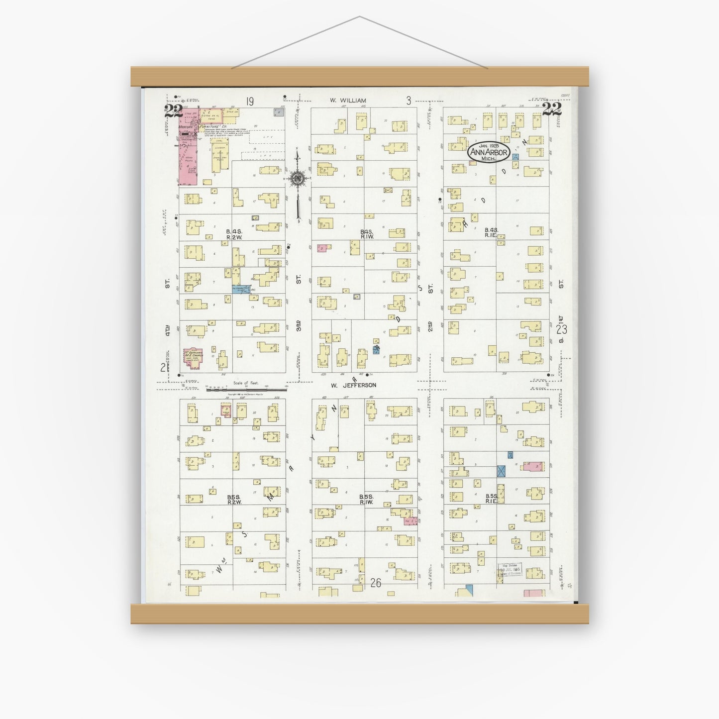 Old map wall art mockup — magnetic wood frame on white wall — Sanborn Fire Insurance Map from Ann Arbor, Washtenaw County, Michigan (1925), Sheet #0022