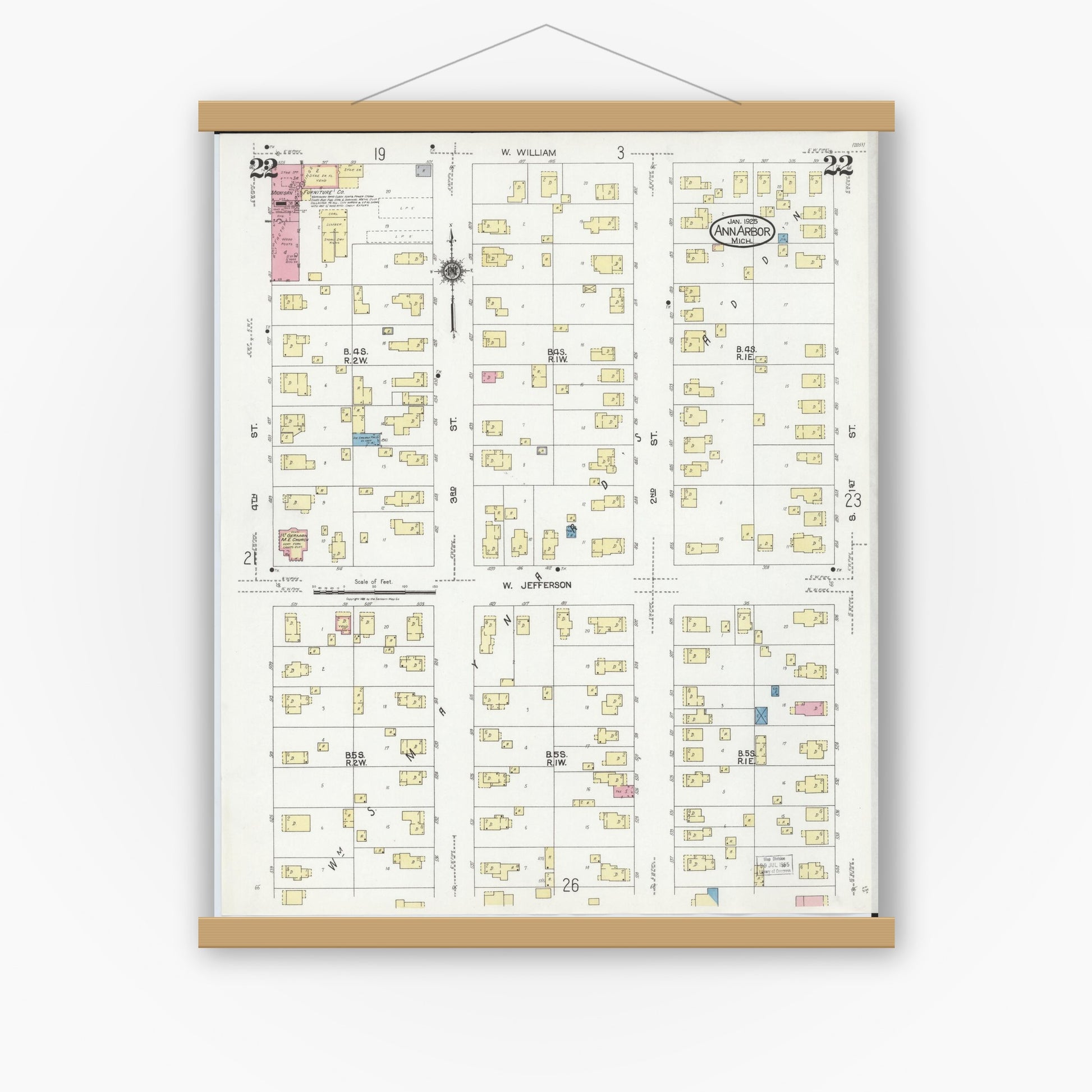 Old map wall art mockup — magnetic wood frame on white wall — Sanborn Fire Insurance Map from Ann Arbor, Washtenaw County, Michigan (1925), Sheet #0022