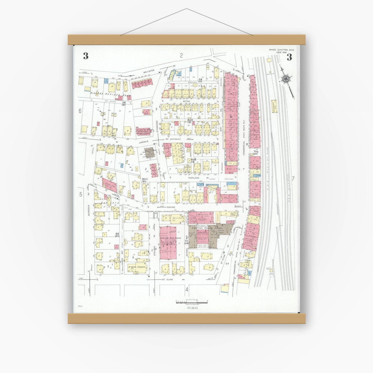Old map wall art mockup — magnetic wood frame on white wall — Sanborn Fire Insurance Map from Mingo Junction, Jefferson County, Ohio (1946), Sheet #0003