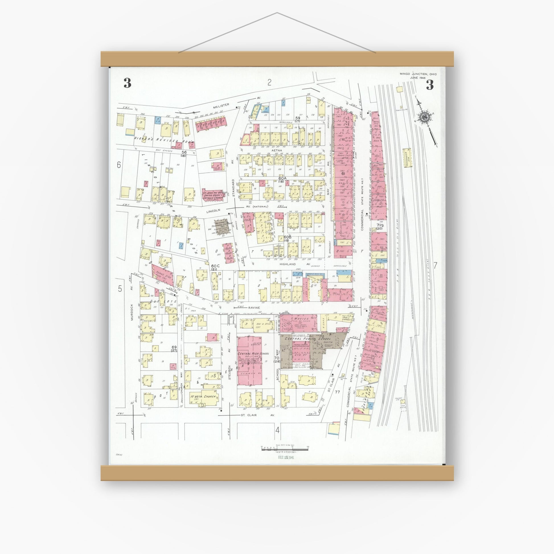 Old map wall art mockup — magnetic wood frame on white wall — Sanborn Fire Insurance Map from Mingo Junction, Jefferson County, Ohio (1946), Sheet #0003
