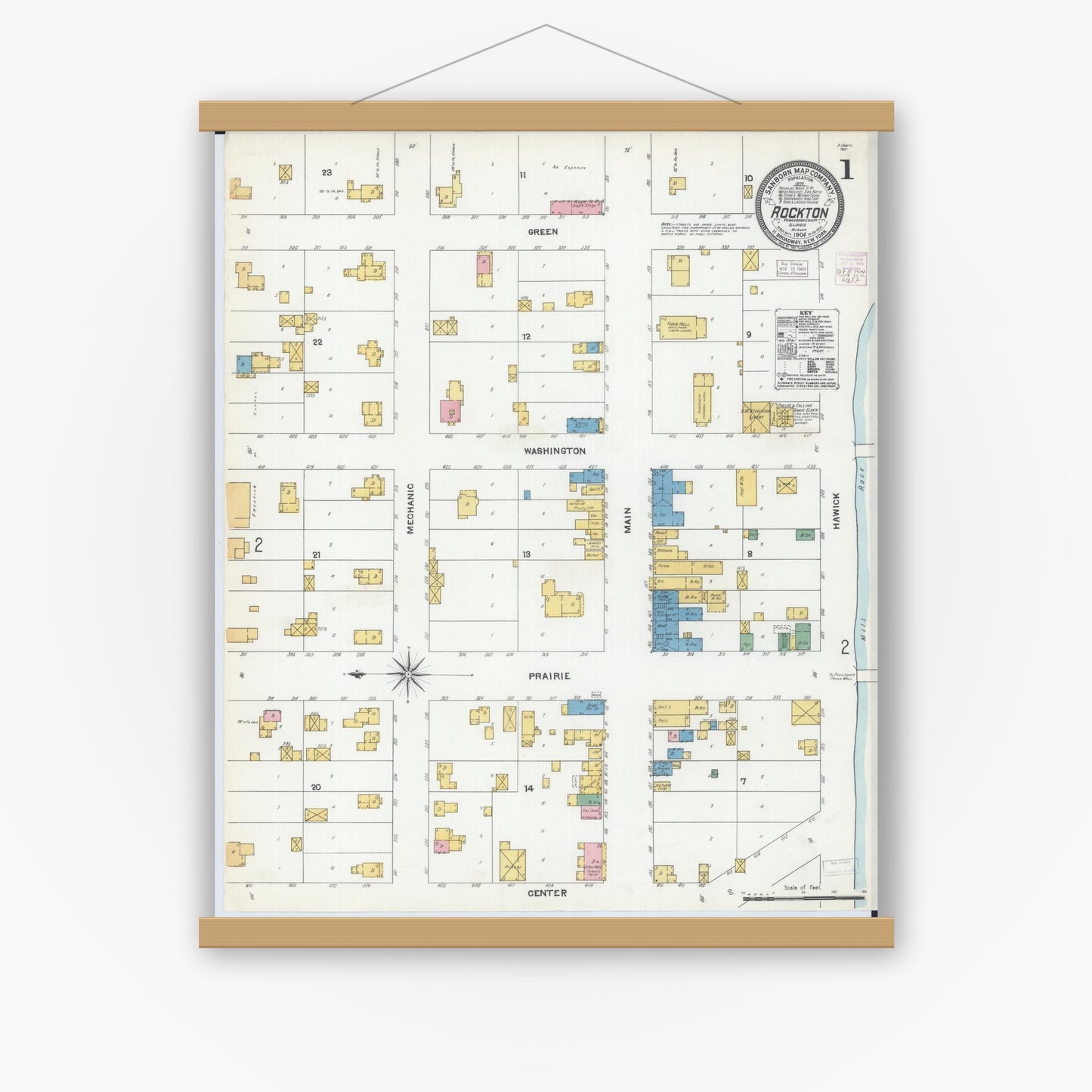 Old map wall art mockup — magnetic wood frame on white wall — Sanborn Fire Insurance Map from Rockton, Winnebago County, Illinois (1904) - Complete Map Set