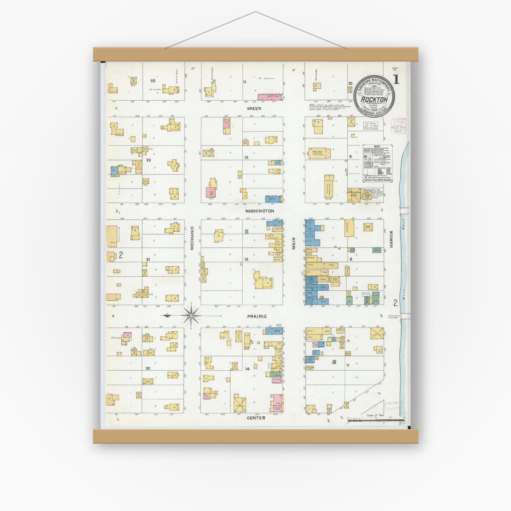 Old map wall art mockup — magnetic wood frame on white wall — Sanborn Fire Insurance Map from Rockton, Winnebago County, Illinois (1904) - Complete Map Set