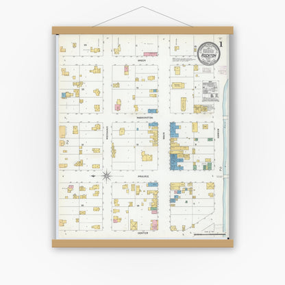 Old map wall art mockup — magnetic wood frame on white wall — Sanborn Fire Insurance Map from Rockton, Winnebago County, Illinois (1904) - Complete Map Set
