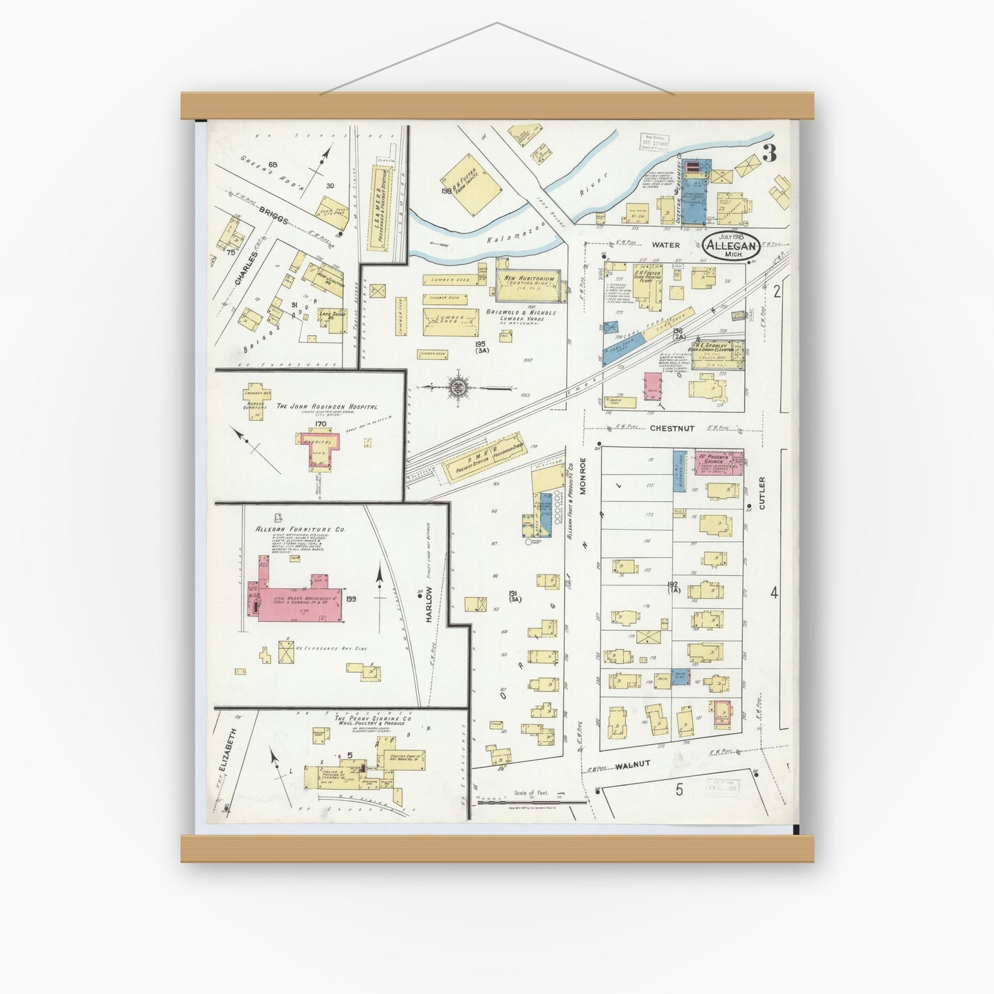 Old map wall art mockup — magnetic wood frame on white wall — Sanborn Fire Insurance Map from Allegan, Allegan County, Michigan (1918), Sheet #0003