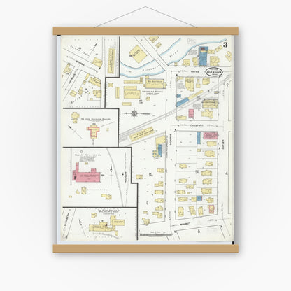 Old map wall art mockup — magnetic wood frame on white wall — Sanborn Fire Insurance Map from Allegan, Allegan County, Michigan (1918), Sheet #0003