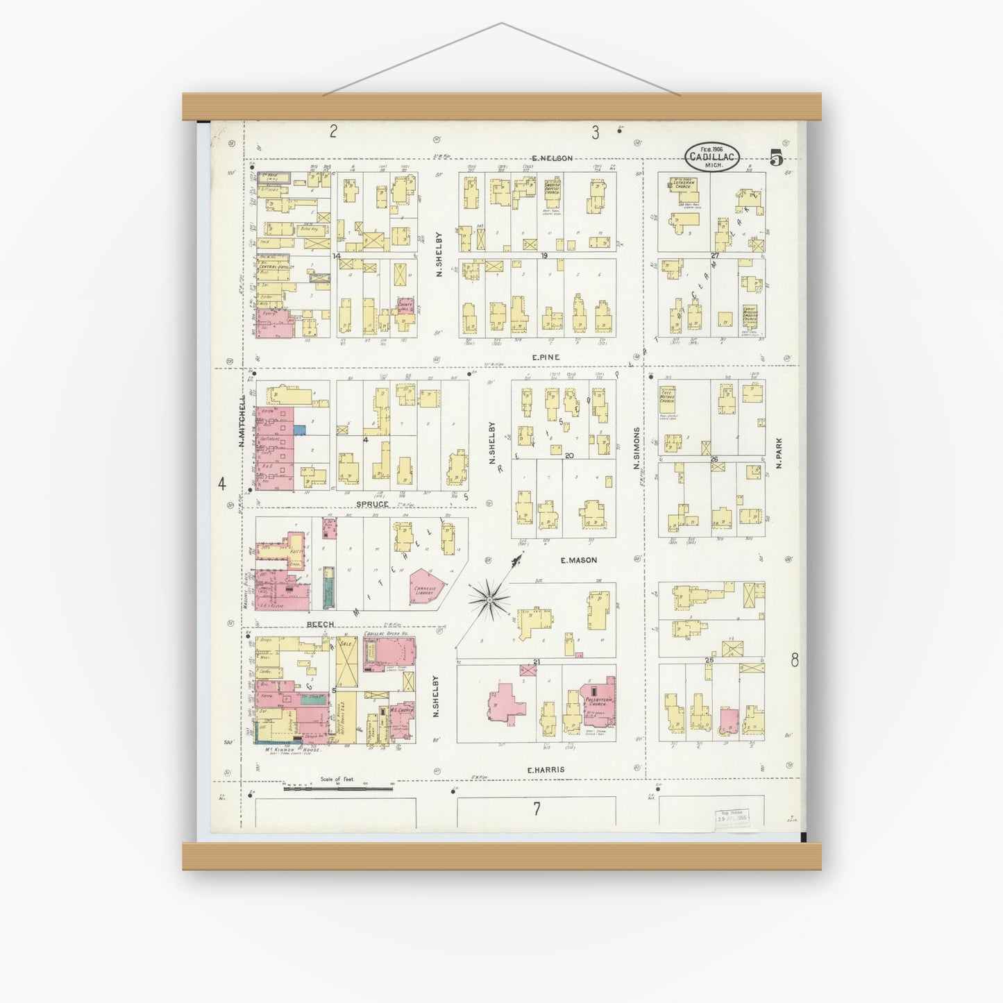 Old map wall art mockup — magnetic wood frame on white wall — Sanborn Fire Insurance Map from Cadillac, Wexford County, Michigan (1906), Sheet #0005