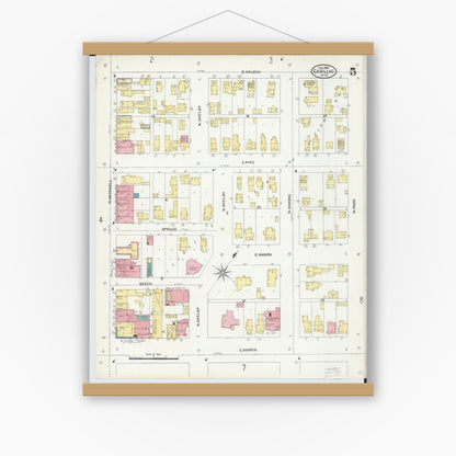 Old map wall art mockup — magnetic wood frame on white wall — Sanborn Fire Insurance Map from Cadillac, Wexford County, Michigan (1906), Sheet #0005
