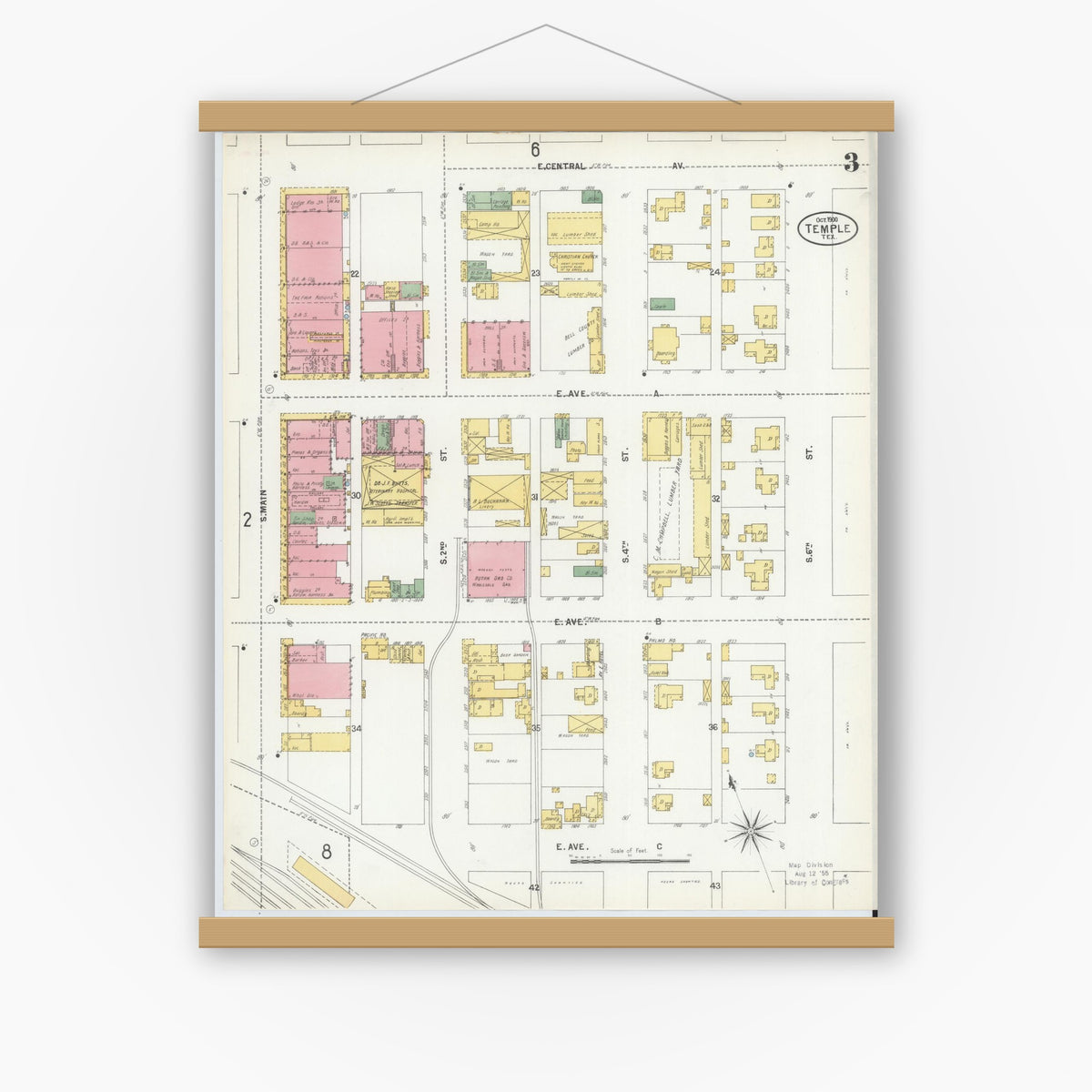 Old map wall art mockup — magnetic wood frame on white wall — Sanborn Fire Insurance Map from Temple, Bell County, Texas (1900), Sheet #0003