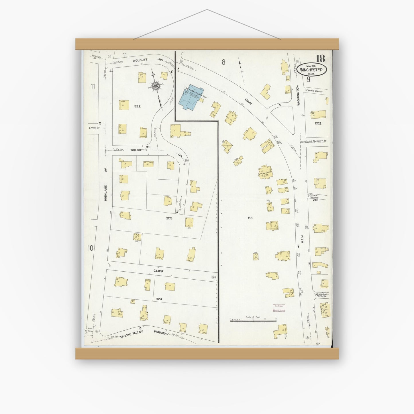 Old map wall art mockup — magnetic wood frame on white wall — Sanborn Fire Insurance Map from Winchester, Middlesex County, Massachusetts (1910), Sheet #0018