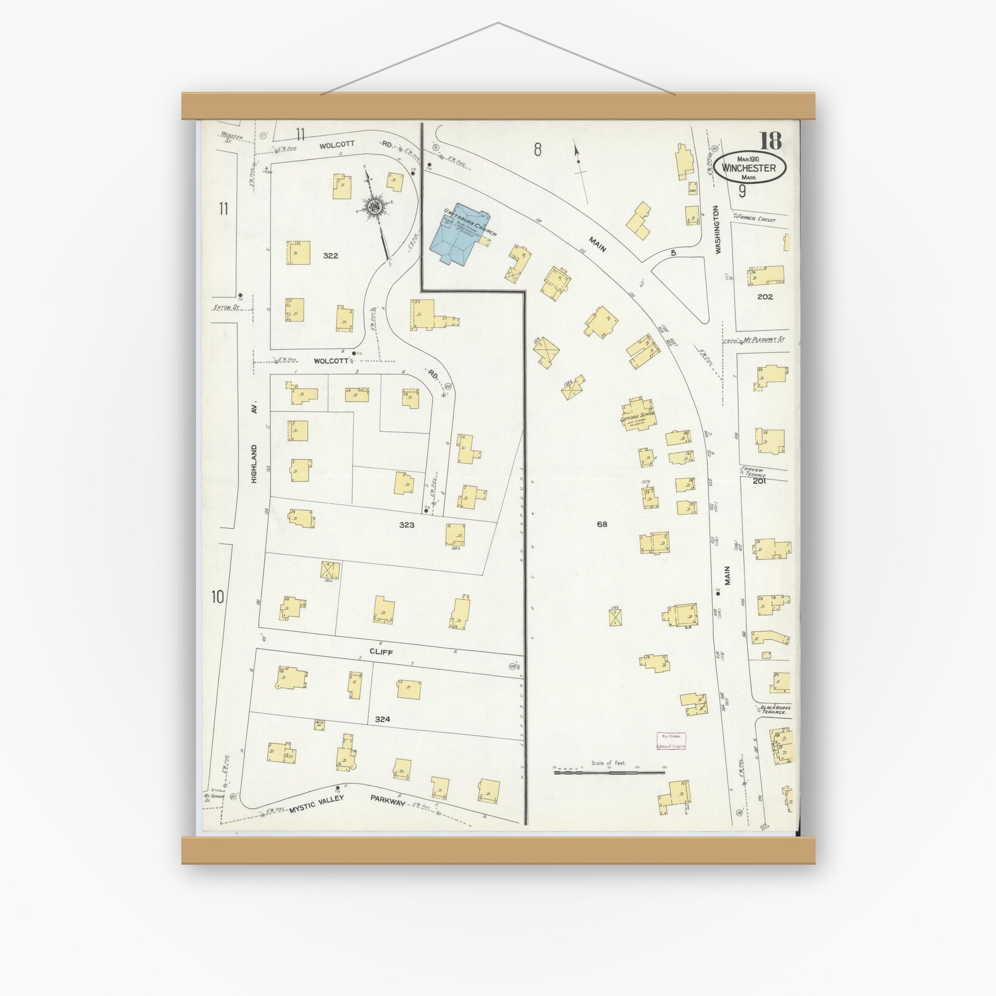 Old map wall art mockup — magnetic wood frame on white wall — Sanborn Fire Insurance Map from Winchester, Middlesex County, Massachusetts (1910), Sheet #0018