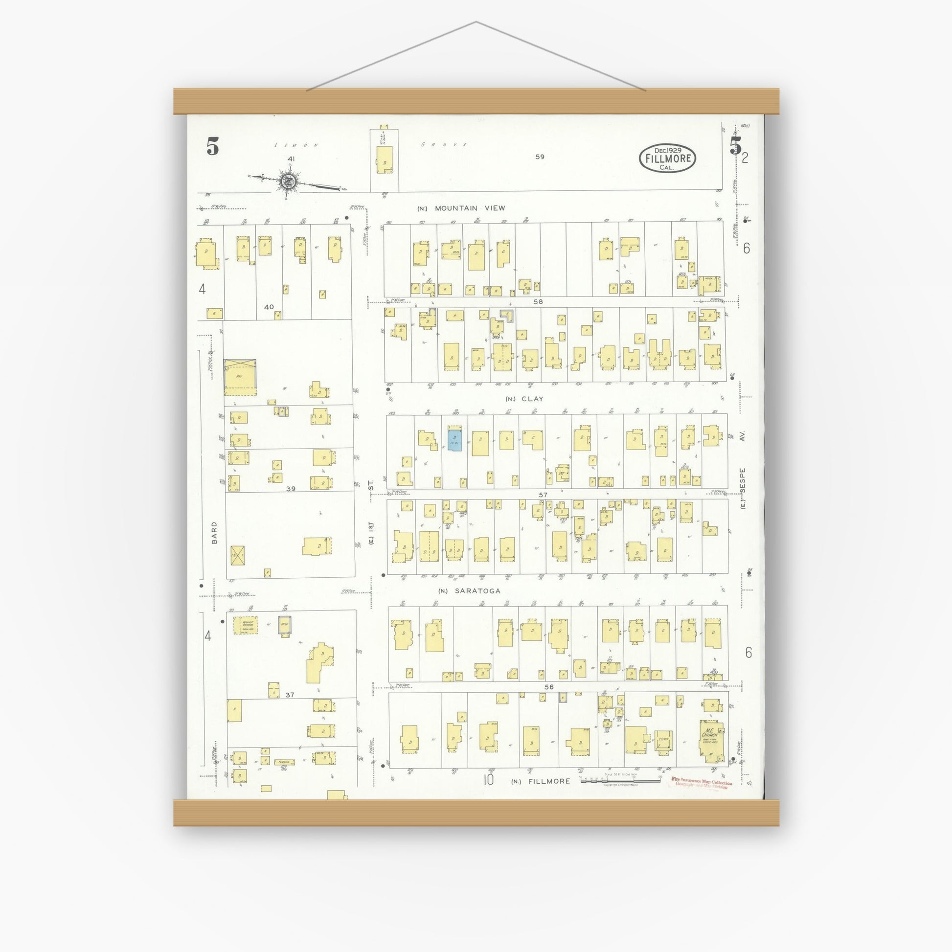 Old map wall art mockup — magnetic wood frame on white wall — Sanborn Fire Insurance Map from Fillmore, Ventura County, California (1929), Sheet #0005