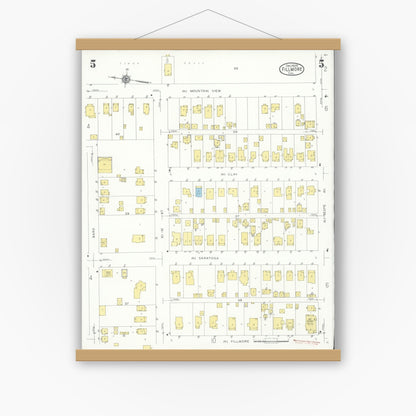 Old map wall art mockup — magnetic wood frame on white wall — Sanborn Fire Insurance Map from Fillmore, Ventura County, California (1929), Sheet #0005