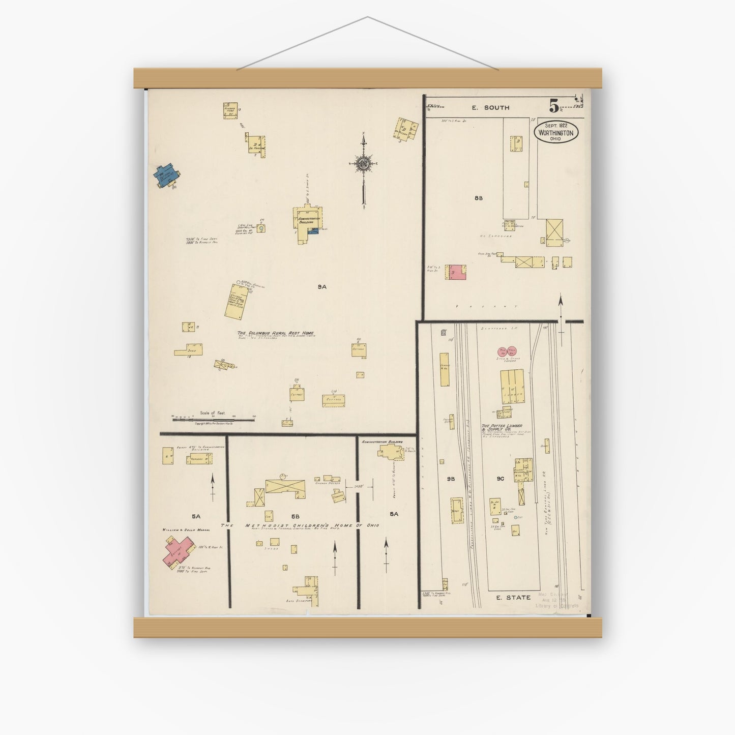 Old map wall art mockup — magnetic wood frame on white wall — Sanborn Fire Insurance Map from Worthington, Franklin County, Ohio (1922), Sheet #0005