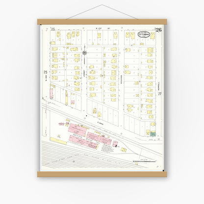 Old map wall art mockup — magnetic wood frame on white wall — Sanborn Fire Insurance Map from Ottumwa, Wapello County, Iowa (1909), Sheet #0026