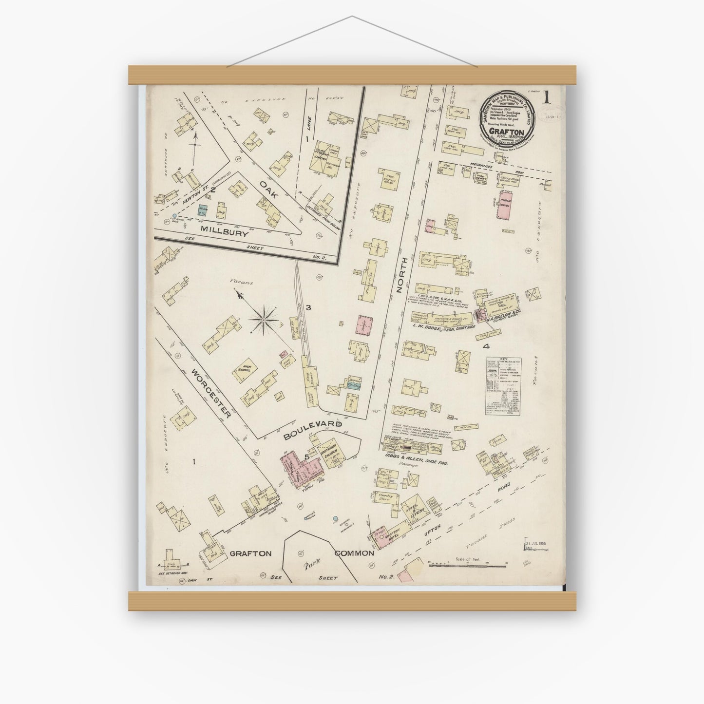 Old map wall art mockup — magnetic wood frame on white wall — Sanborn Fire Insurance Map from Grafton, Worcester County, Massachusetts (1885) - Complete Map Set